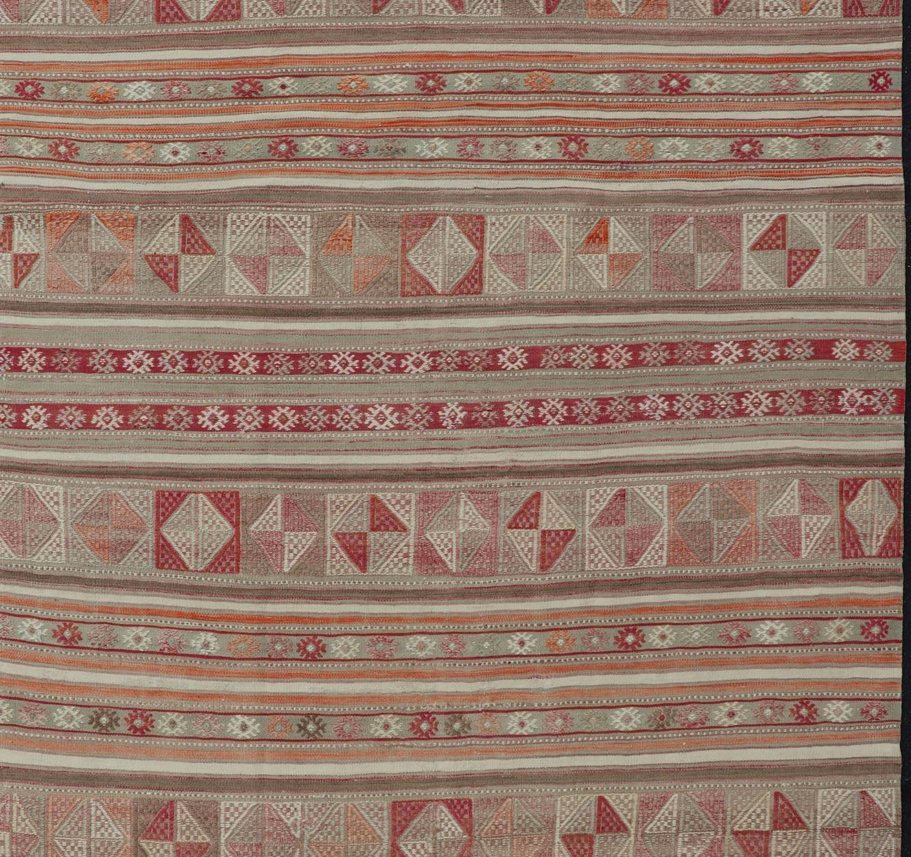 Measures: 4'10 x 6'6 Colorful Turkish Vintage Embroidered Kilim with Stripes and Geometric Motifs. Keivan Woven Arts / rug EN - 13798, country of origin / type: Turkey / Kilim, circa 1950 This vintage Kilim displays an array of designs, includ... - Keivan Woven ArtsEN - 13798 - 18413Rug