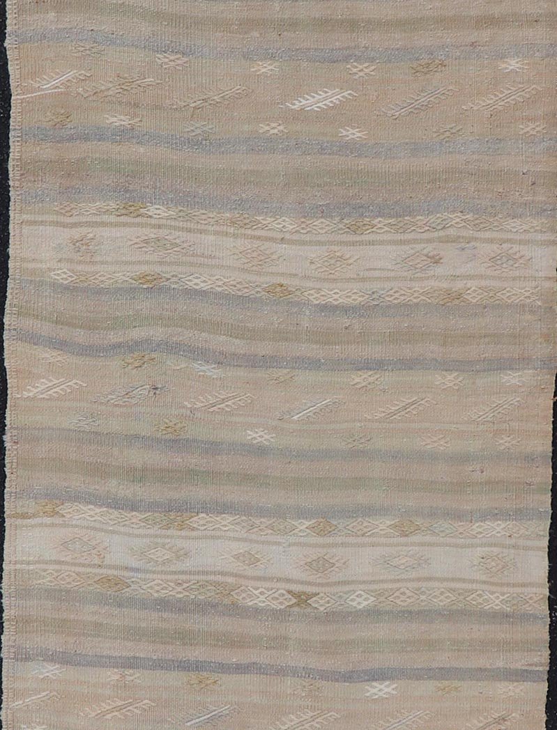 Vintage Striped Turkish Kilim Runner with Stripes in Tan, Ivory, and Gray. Keivan Woven Arts / rug EN - 13908, country of origin / type: Turkey / Kilim, circa 1950 Measures: 3'1 x 10'5 This vintage flat - woven Kilim runner features a minimalist des... - Keivan Woven ArtsEN - 13908 - 23918Rug