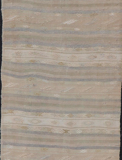 Vintage Striped Turkish Kilim Runner with Stripes in Tan, Ivory, and Gray. Keivan Woven Arts / rug EN - 13908, country of origin / type: Turkey / Kilim, circa 1950 Measures: 3'1 x 10'5 This vintage flat - woven Kilim runner features a minimalist des... - Keivan Woven ArtsEN - 13908 - 23918Rug