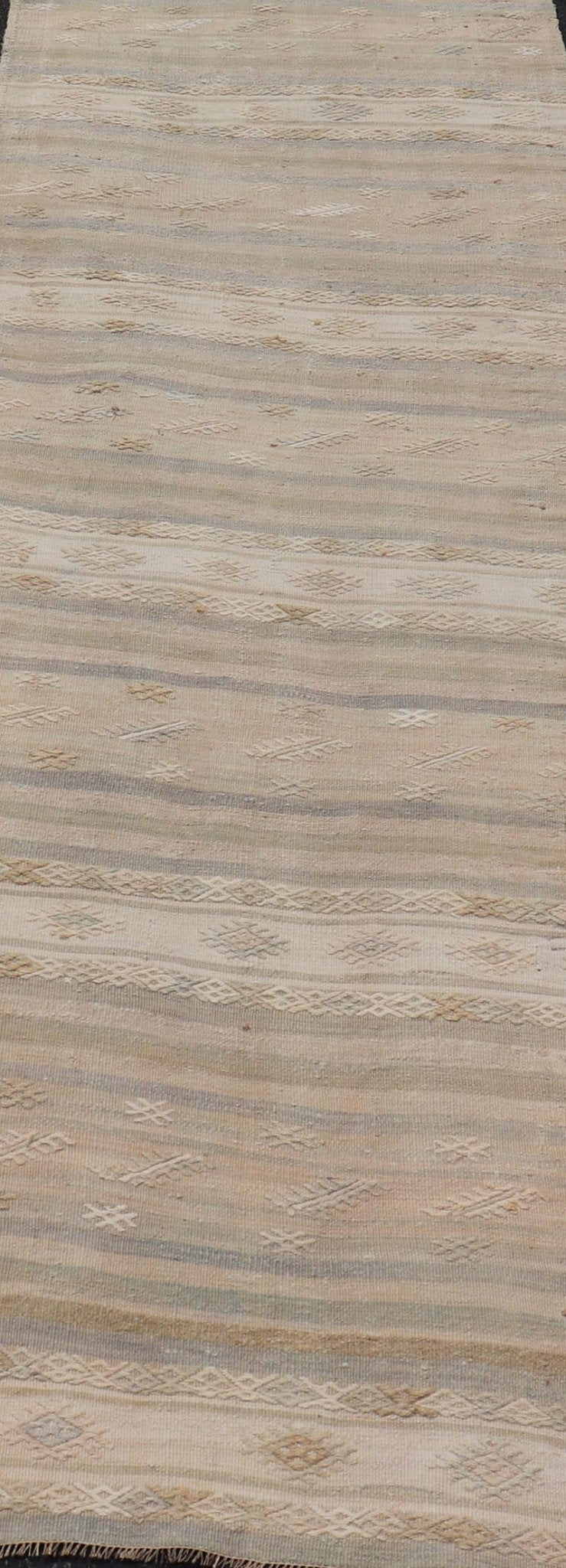 Vintage Striped Turkish Kilim Runner with Stripes in Tan, Ivory, and Gray. Keivan Woven Arts / rug EN - 13908, country of origin / type: Turkey / Kilim, circa 1950 Measures: 3'1 x 10'5 This vintage flat - woven Kilim runner features a minimalist des... - Keivan Woven ArtsEN - 13908 - 23918Rug