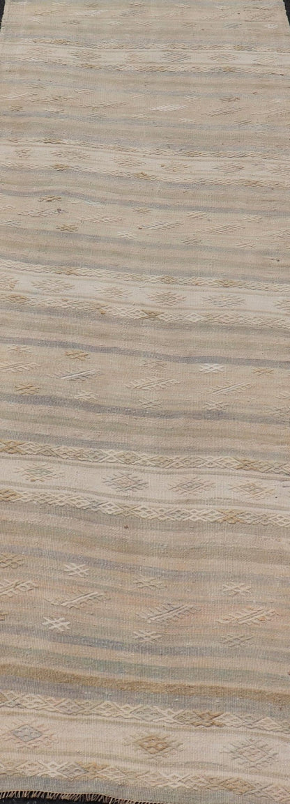 Vintage Striped Turkish Kilim Runner with Stripes in Tan, Ivory, and Gray. Keivan Woven Arts / rug EN - 13908, country of origin / type: Turkey / Kilim, circa 1950 Measures: 3'1 x 10'5 This vintage flat - woven Kilim runner features a minimalist des... - Keivan Woven ArtsEN - 13908 - 23918Rug