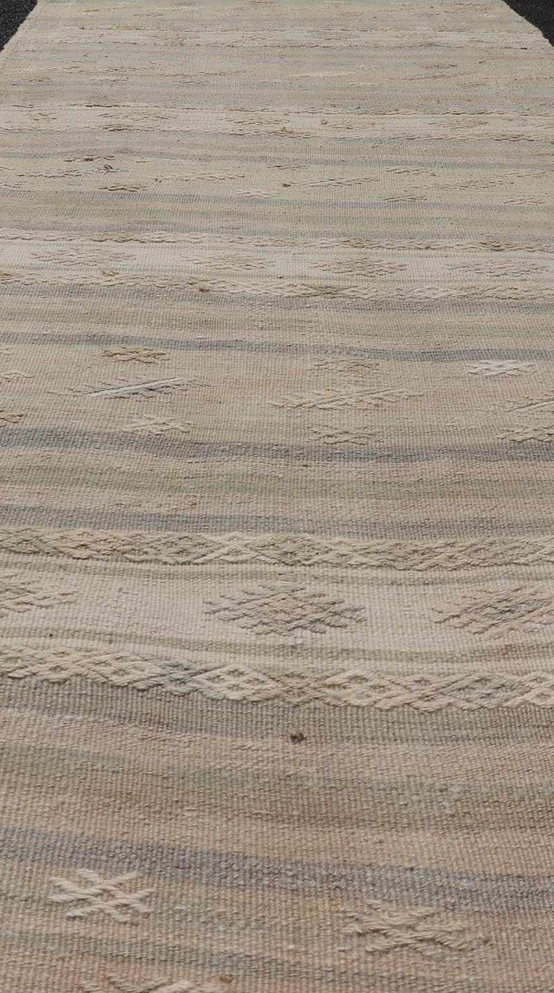 Vintage Striped Turkish Kilim Runner with Stripes in Tan, Ivory, and Gray. Keivan Woven Arts / rug EN - 13908, country of origin / type: Turkey / Kilim, circa 1950 Measures: 3'1 x 10'5 This vintage flat - woven Kilim runner features a minimalist des... - Keivan Woven ArtsEN - 13908 - 23918Rug