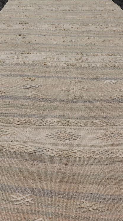 Vintage Striped Turkish Kilim Runner with Stripes in Tan, Ivory, and Gray. Keivan Woven Arts / rug EN - 13908, country of origin / type: Turkey / Kilim, circa 1950 Measures: 3'1 x 10'5 This vintage flat - woven Kilim runner features a minimalist des... - Keivan Woven ArtsEN - 13908 - 23918Rug