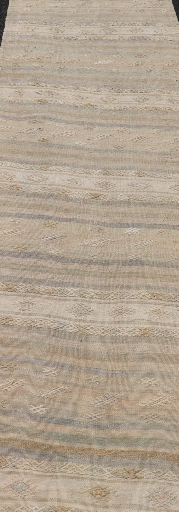 Vintage Striped Turkish Kilim Runner with Stripes in Tan, Ivory, and Gray. Keivan Woven Arts / rug EN - 13908, country of origin / type: Turkey / Kilim, circa 1950 Measures: 3'1 x 10'5 This vintage flat - woven Kilim runner features a minimalist des... - Keivan Woven ArtsEN - 13908 - 23918Rug