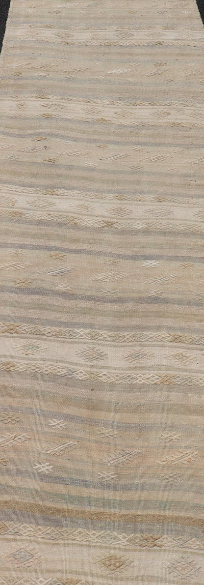 Vintage Striped Turkish Kilim Runner with Stripes in Tan, Ivory, and Gray. Keivan Woven Arts / rug EN - 13908, country of origin / type: Turkey / Kilim, circa 1950 Measures: 3'1 x 10'5 This vintage flat - woven Kilim runner features a minimalist des... - Keivan Woven ArtsEN - 13908 - 23918Rug