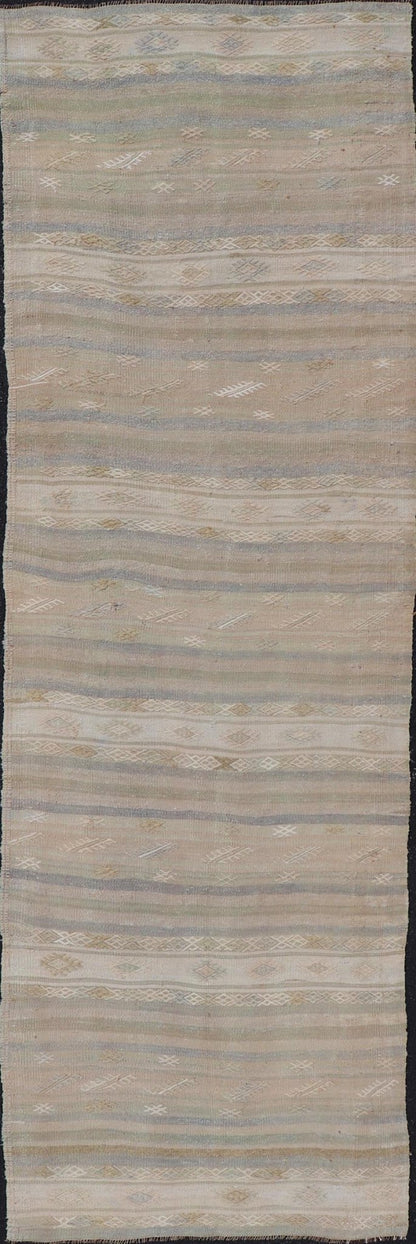 Vintage Striped Turkish Kilim Runner with Stripes in Tan, Ivory, and Gray. Keivan Woven Arts / rug EN - 13908, country of origin / type: Turkey / Kilim, circa 1950 Measures: 3'1 x 10'5 This vintage flat - woven Kilim runner features a minimalist des... - Keivan Woven ArtsEN - 13908 - 23918Rug