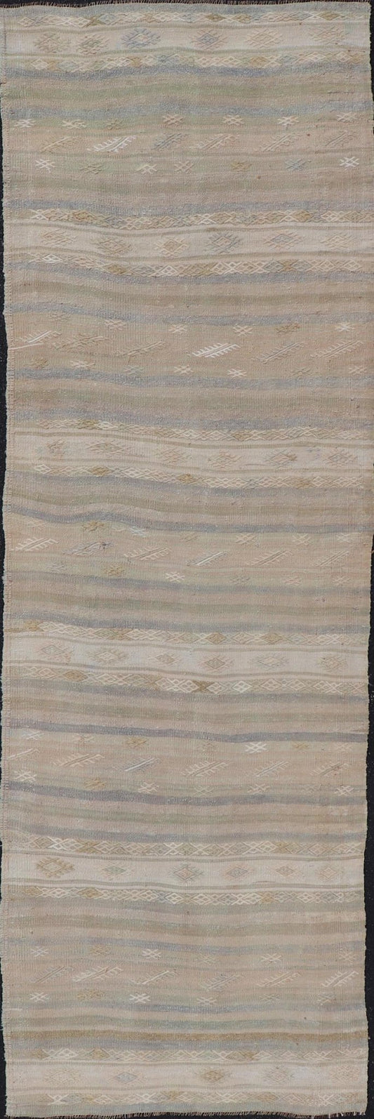 Vintage Striped Turkish Kilim Runner with Stripes in Tan, Ivory, and Gray. Keivan Woven Arts / rug EN - 13908, country of origin / type: Turkey / Kilim, circa 1950 Measures: 3'1 x 10'5 This vintage flat - woven Kilim runner features a minimalist des... - Keivan Woven ArtsEN - 13908 - 23918Rug