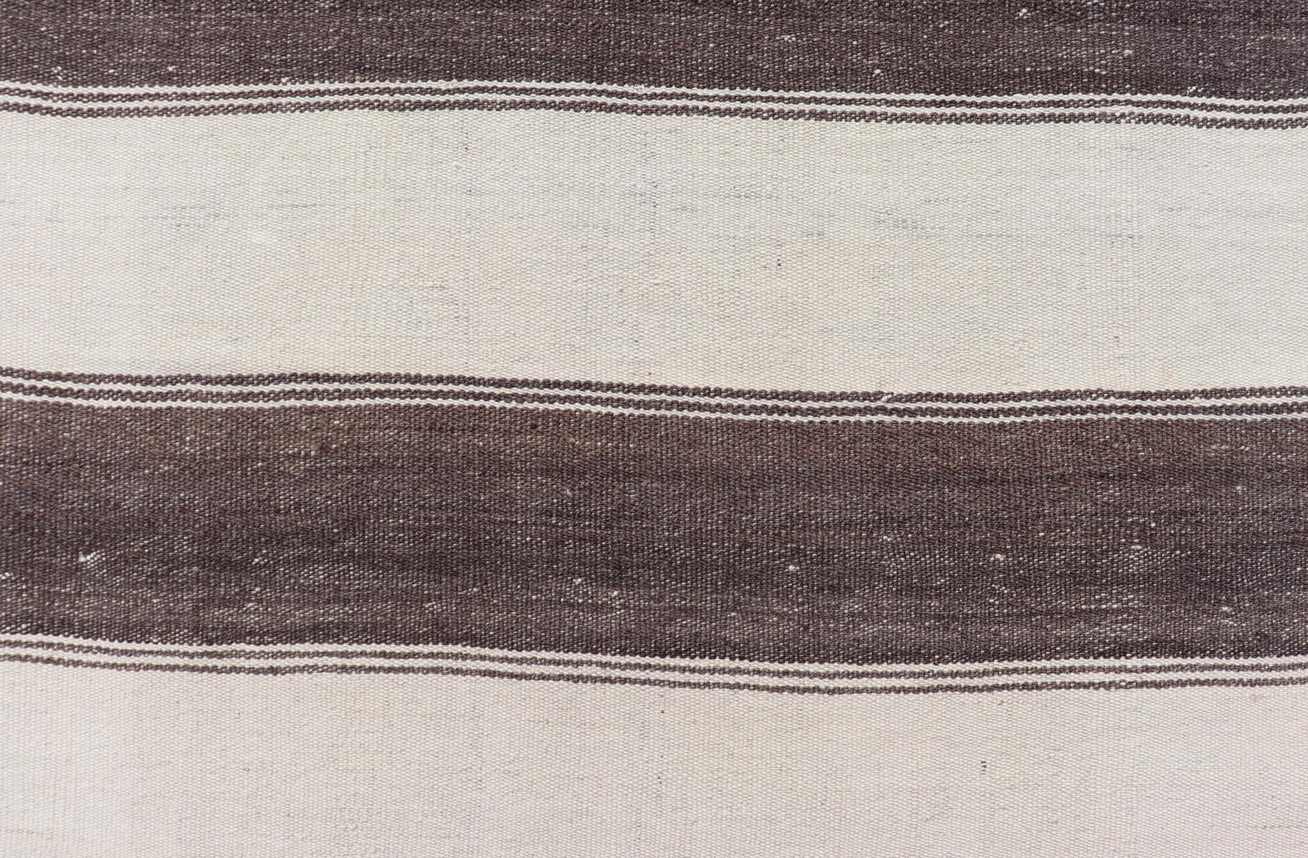 Measures: 8'6 x 9'6 Striped Turkish Vintage Kilim Flat - Weave Rug in Brown, Mocha, and Ivory. Keivan Woven Arts / rug EN - 13915, country of origin / type: Turkey / Kilim, circa 1950 This vintage striped design Kilim from Turkey rendered in sha... - Keivan Woven ArtsEN - 13915 - 21715Rug