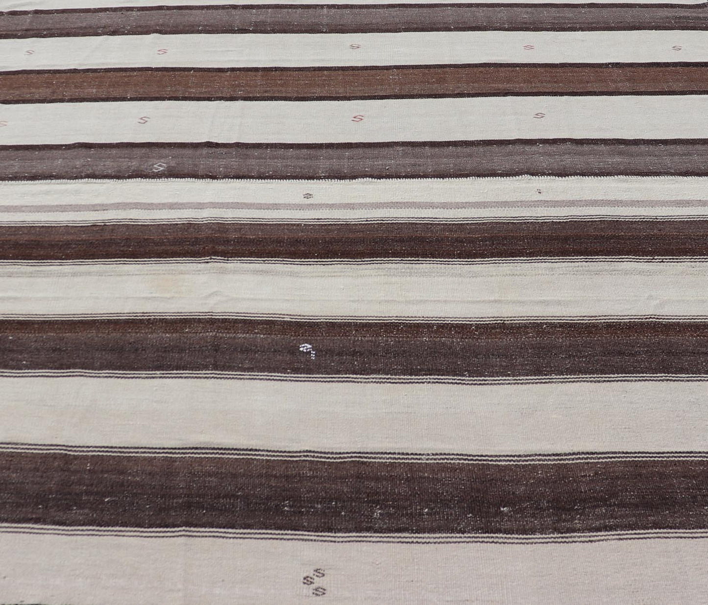 Measures: 8'6 x 9'6 Striped Turkish Vintage Kilim Flat - Weave Rug in Brown, Mocha, and Ivory. Keivan Woven Arts / rug EN - 13915, country of origin / type: Turkey / Kilim, circa 1950 This vintage striped design Kilim from Turkey rendered in sha... - Keivan Woven ArtsEN - 13915 - 21715Rug