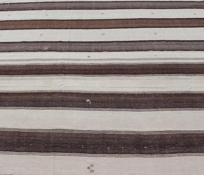 Measures: 8'6 x 9'6 Striped Turkish Vintage Kilim Flat - Weave Rug in Brown, Mocha, and Ivory. Keivan Woven Arts / rug EN - 13915, country of origin / type: Turkey / Kilim, circa 1950 This vintage striped design Kilim from Turkey rendered in sha... - Keivan Woven ArtsEN - 13915 - 21715Rug