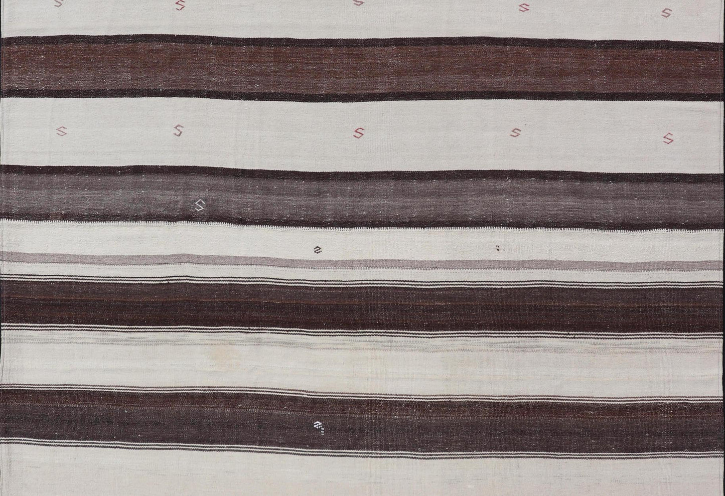 Measures: 8'6 x 9'6 Striped Turkish Vintage Kilim Flat - Weave Rug in Brown, Mocha, and Ivory. Keivan Woven Arts / rug EN - 13915, country of origin / type: Turkey / Kilim, circa 1950 This vintage striped design Kilim from Turkey rendered in sha... - Keivan Woven ArtsEN - 13915 - 21715Rug