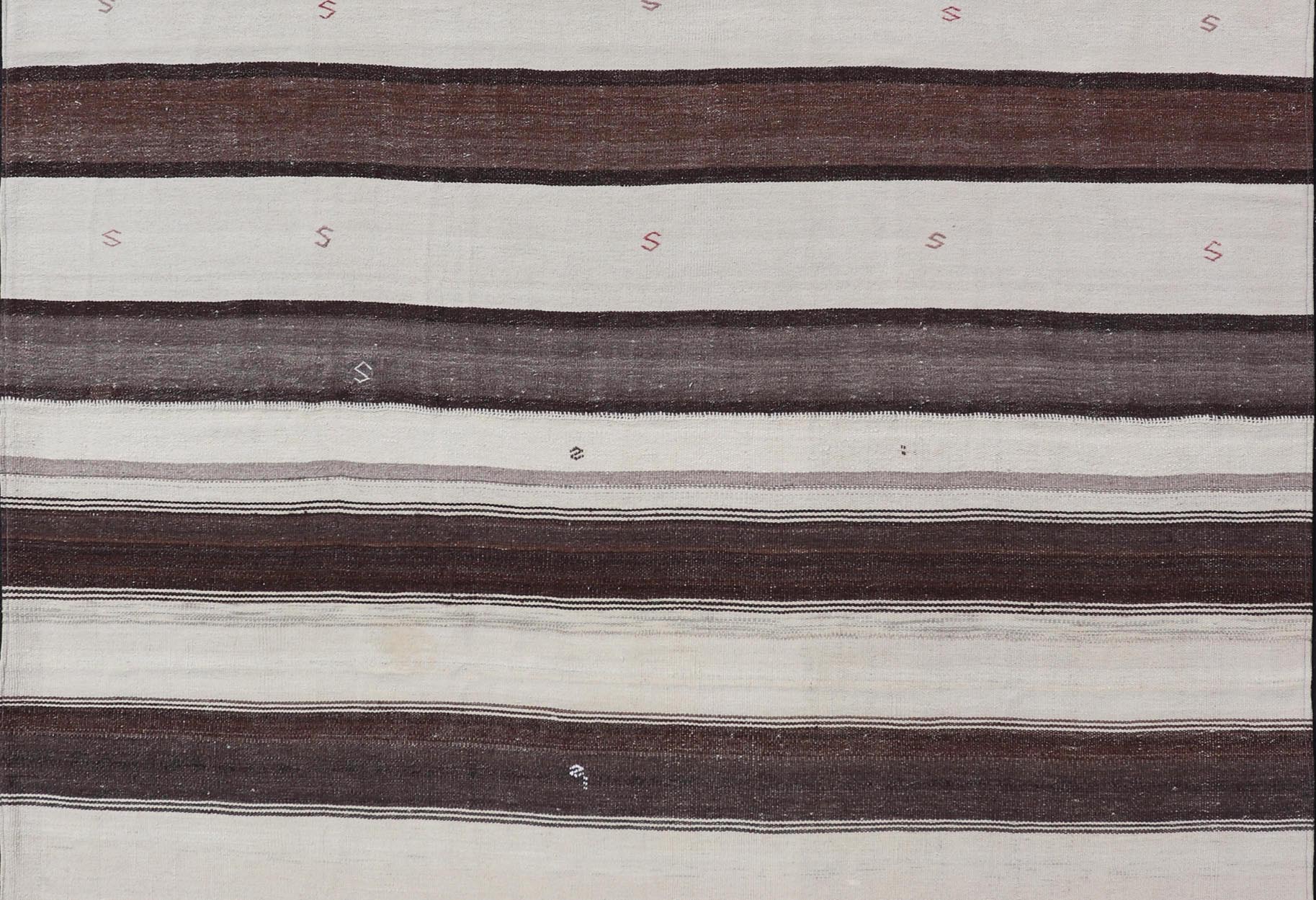 Measures: 8'6 x 9'6 Striped Turkish Vintage Kilim Flat - Weave Rug in Brown, Mocha, and Ivory. Keivan Woven Arts / rug EN - 13915, country of origin / type: Turkey / Kilim, circa 1950 This vintage striped design Kilim from Turkey rendered in sha... - Keivan Woven ArtsEN - 13915 - 21715Rug