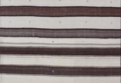 Measures: 8'6 x 9'6 Striped Turkish Vintage Kilim Flat - Weave Rug in Brown, Mocha, and Ivory. Keivan Woven Arts / rug EN - 13915, country of origin / type: Turkey / Kilim, circa 1950 This vintage striped design Kilim from Turkey rendered in sha... - Keivan Woven ArtsEN - 13915 - 21715Rug