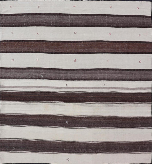 Measures: 8'6 x 9'6 Striped Turkish Vintage Kilim Flat - Weave Rug in Brown, Mocha, and Ivory. Keivan Woven Arts / rug EN - 13915, country of origin / type: Turkey / Kilim, circa 1950 This vintage striped design Kilim from Turkey rendered in sha... - Keivan Woven ArtsEN - 13915 - 21715