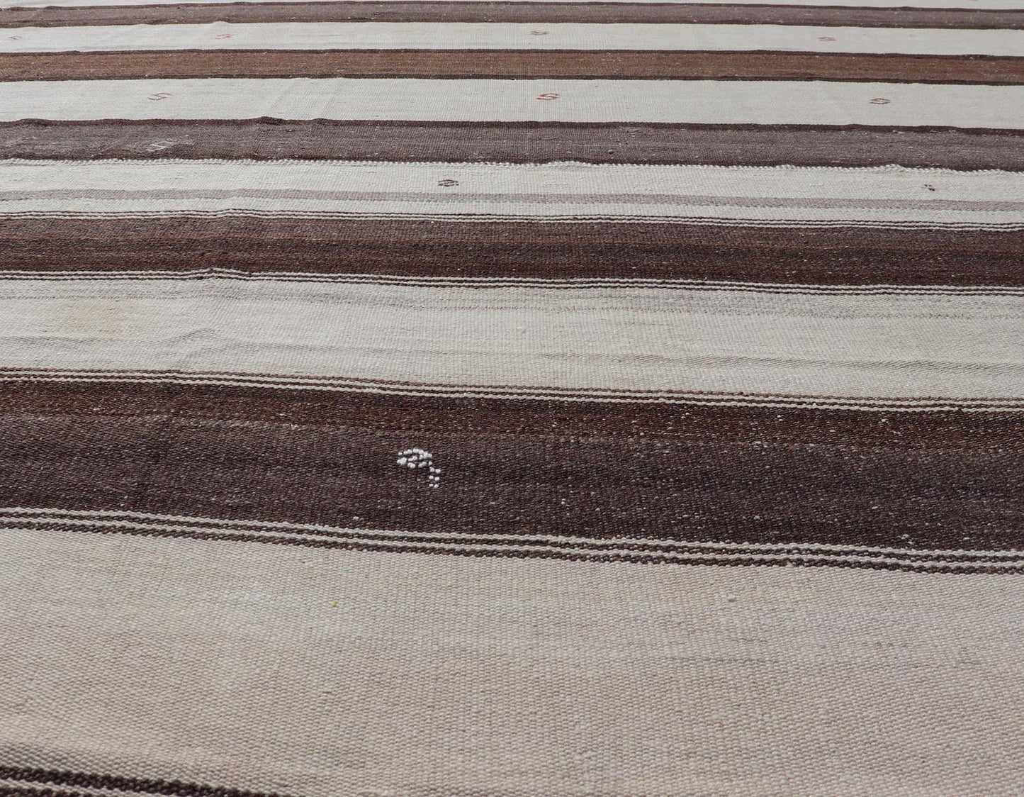Measures: 8'6 x 9'6 Striped Turkish Vintage Kilim Flat - Weave Rug in Brown, Mocha, and Ivory. Keivan Woven Arts / rug EN - 13915, country of origin / type: Turkey / Kilim, circa 1950 This vintage striped design Kilim from Turkey rendered in sha... - Keivan Woven ArtsEN - 13915 - 21715Rug