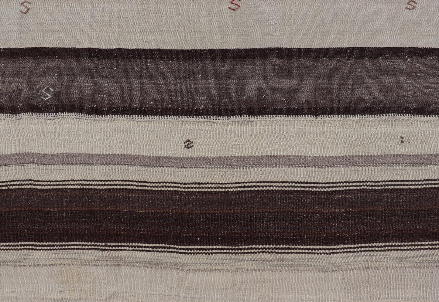 Measures: 8'6 x 9'6 Striped Turkish Vintage Kilim Flat - Weave Rug in Brown, Mocha, and Ivory. Keivan Woven Arts / rug EN - 13915, country of origin / type: Turkey / Kilim, circa 1950 This vintage striped design Kilim from Turkey rendered in sha... - Keivan Woven ArtsEN - 13915 - 21715Rug