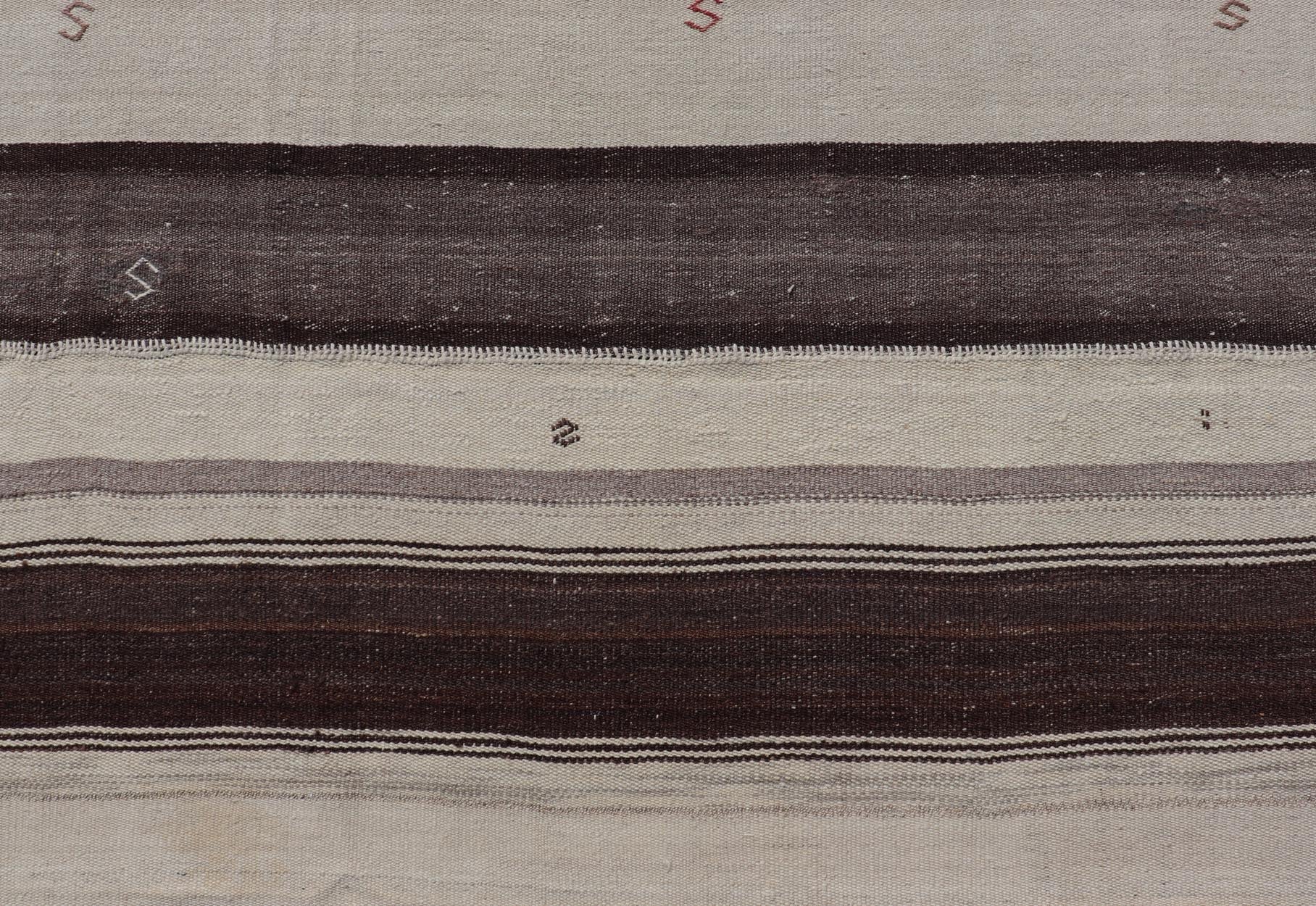 Measures: 8'6 x 9'6 Striped Turkish Vintage Kilim Flat - Weave Rug in Brown, Mocha, and Ivory. Keivan Woven Arts / rug EN - 13915, country of origin / type: Turkey / Kilim, circa 1950 This vintage striped design Kilim from Turkey rendered in sha... - Keivan Woven ArtsEN - 13915 - 21715Rug