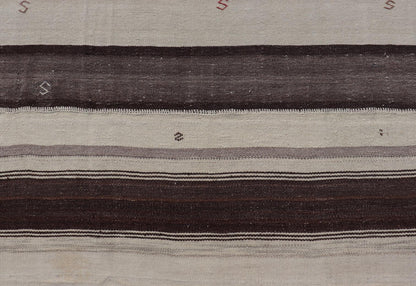 Measures: 8'6 x 9'6 Striped Turkish Vintage Kilim Flat - Weave Rug in Brown, Mocha, and Ivory. Keivan Woven Arts / rug EN - 13915, country of origin / type: Turkey / Kilim, circa 1950 This vintage striped design Kilim from Turkey rendered in sha... - Keivan Woven ArtsEN - 13915 - 21715Rug