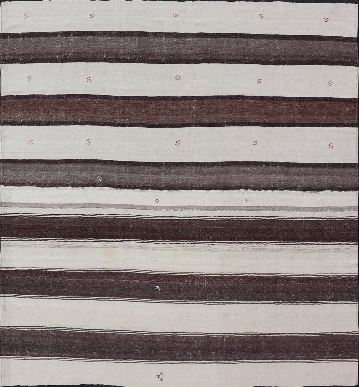 Measures: 8'6 x 9'6 Striped Turkish Vintage Kilim Flat - Weave Rug in Brown, Mocha, and Ivory. Keivan Woven Arts / rug EN - 13915, country of origin / type: Turkey / Kilim, circa 1950 This vintage striped design Kilim from Turkey rendered in sha... - Keivan Woven ArtsEN - 13915 - 21715Rug