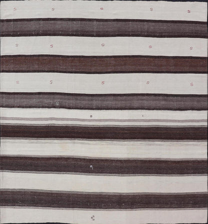 Measures: 8'6 x 9'6 Striped Turkish Vintage Kilim Flat - Weave Rug in Brown, Mocha, and Ivory. Keivan Woven Arts / rug EN - 13915, country of origin / type: Turkey / Kilim, circa 1950 This vintage striped design Kilim from Turkey rendered in sha... - Keivan Woven ArtsEN - 13915 - 21715Rug