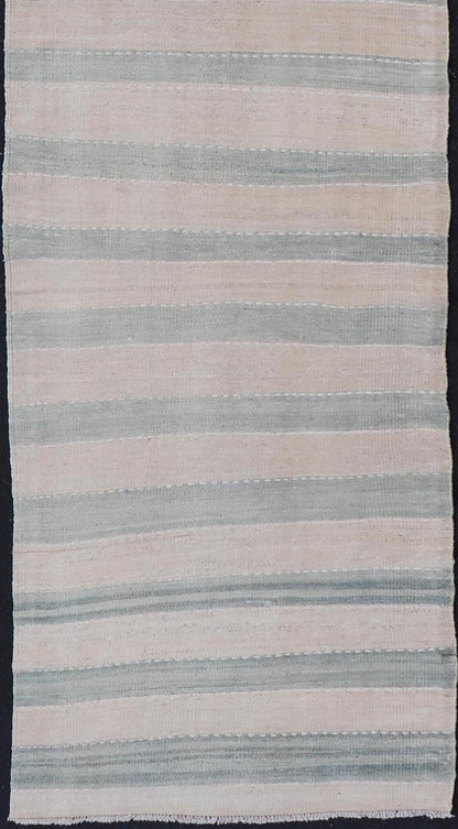 Vintage Turkish Kilim Runner with Horizontal Stripes of Light Green Measures: 2'7 x 12'2 This vintage Turkish Kilim runner features light, faded colors in a simple striped pattern. Each of the charcoal and salmon panels are divided by ... - Keivan Woven ArtsEN - 13917 - 18842Rug