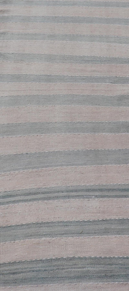 Vintage Turkish Kilim Runner with Horizontal Stripes of Light Green Measures: 2'7 x 12'2 This vintage Turkish Kilim runner features light, faded colors in a simple striped pattern. Each of the charcoal and salmon panels are divided by ... - Keivan Woven ArtsEN - 13917 - 18842Rug