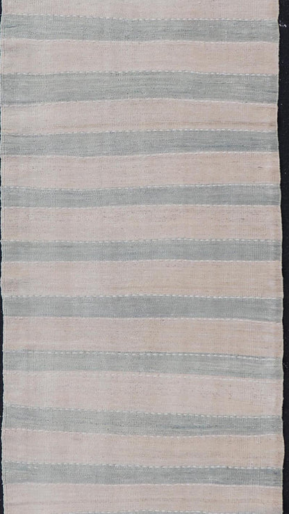 Vintage Turkish Kilim Runner with Horizontal Stripes of Light Green Measures: 2'7 x 12'2 This vintage Turkish Kilim runner features light, faded colors in a simple striped pattern. Each of the charcoal and salmon panels are divided by ... - Keivan Woven ArtsEN - 13917 - 18842Rug