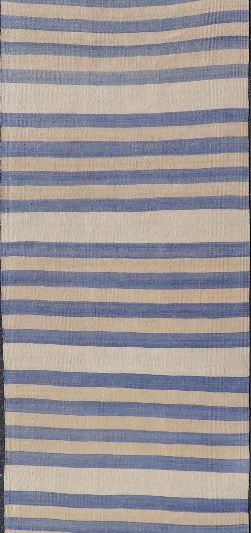 Vintage Turkish Kilim Runner with Soft Blue and Cream Stripes - Keivan Woven ArtsEN - 13929Rug