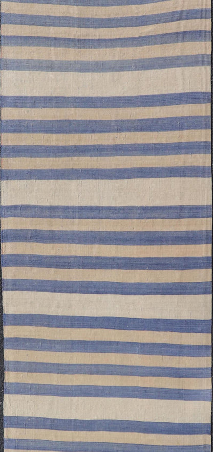 Vintage Turkish Kilim Runner with Soft Blue and Cream Stripes - Keivan Woven ArtsEN - 13929Rug