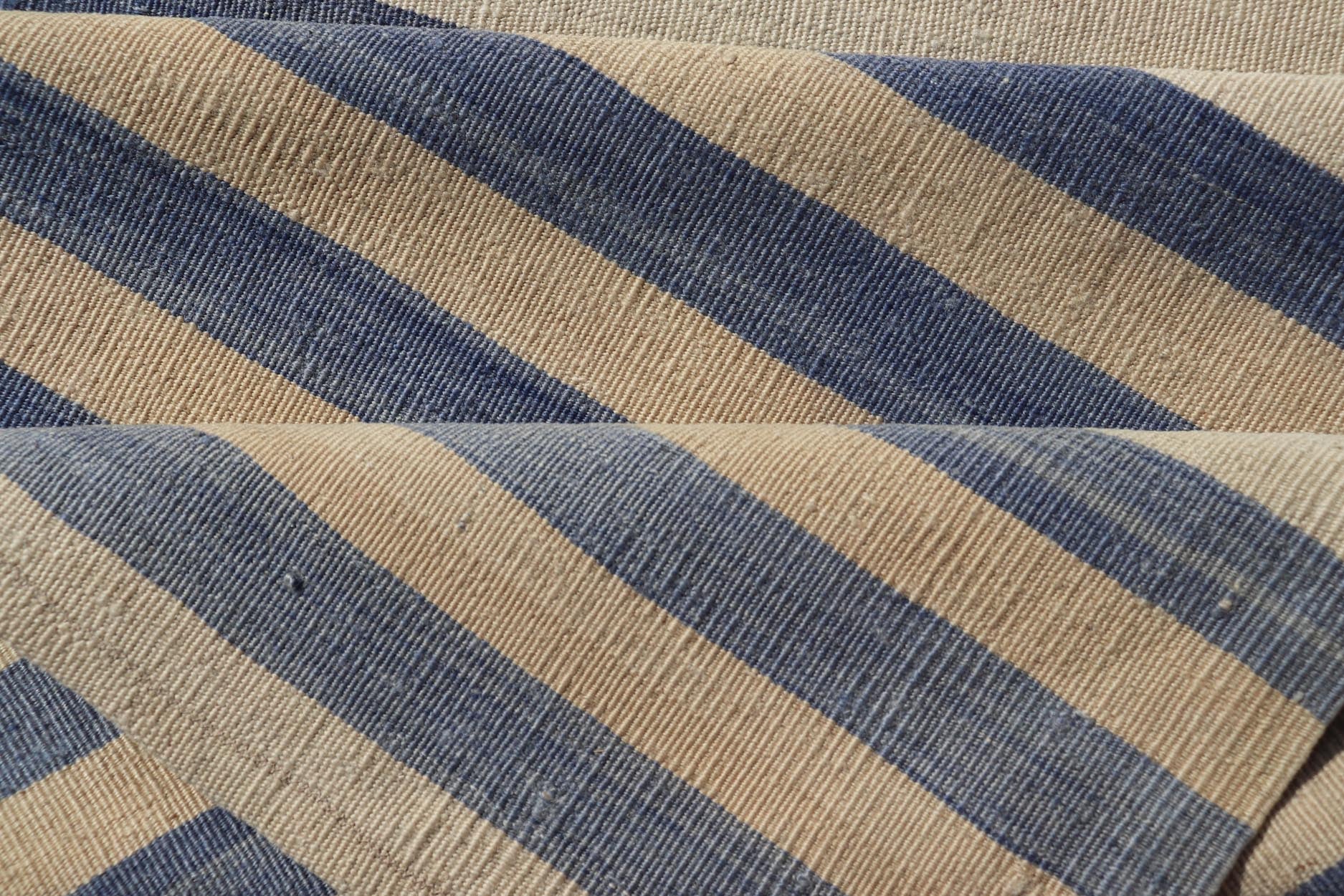 Vintage Turkish Kilim Runner with Soft Blue and Cream Stripes - Keivan Woven ArtsEN - 13929Rug