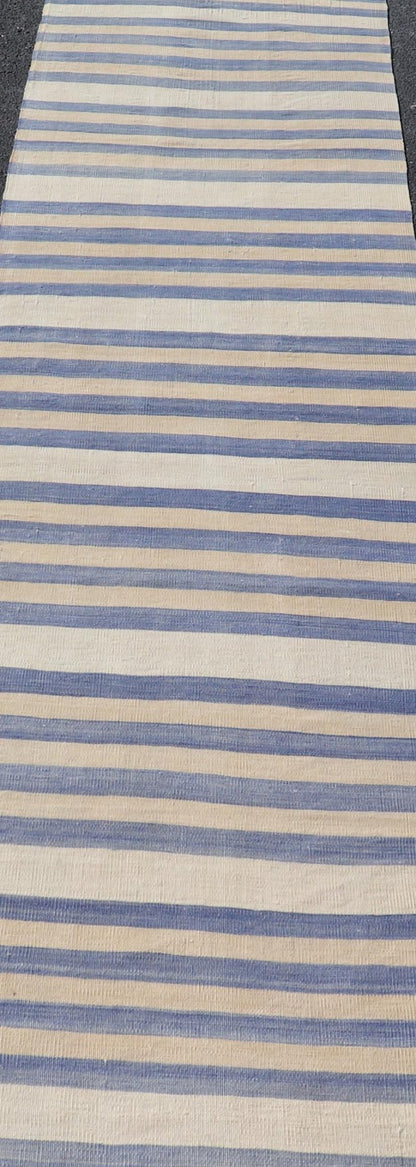 Vintage Turkish Kilim Runner with Soft Blue and Cream Stripes - Keivan Woven ArtsEN - 13929Rug