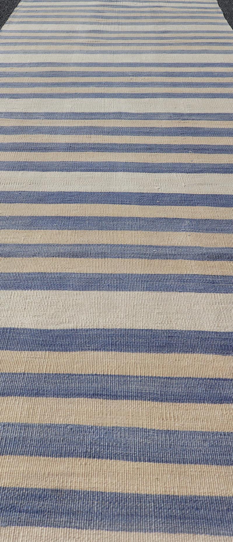 Vintage Turkish Kilim Runner with Soft Blue and Cream Stripes - Keivan Woven ArtsEN - 13929Rug