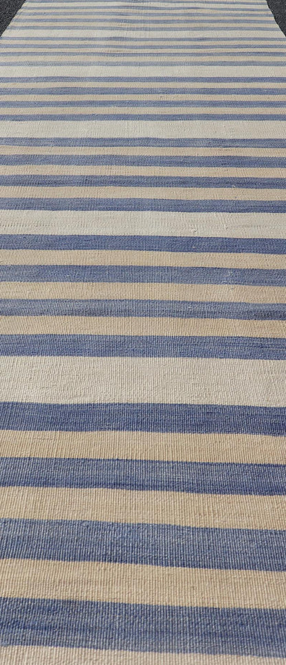 Vintage Turkish Kilim Runner with Soft Blue and Cream Stripes - Keivan Woven ArtsEN - 13929Rug