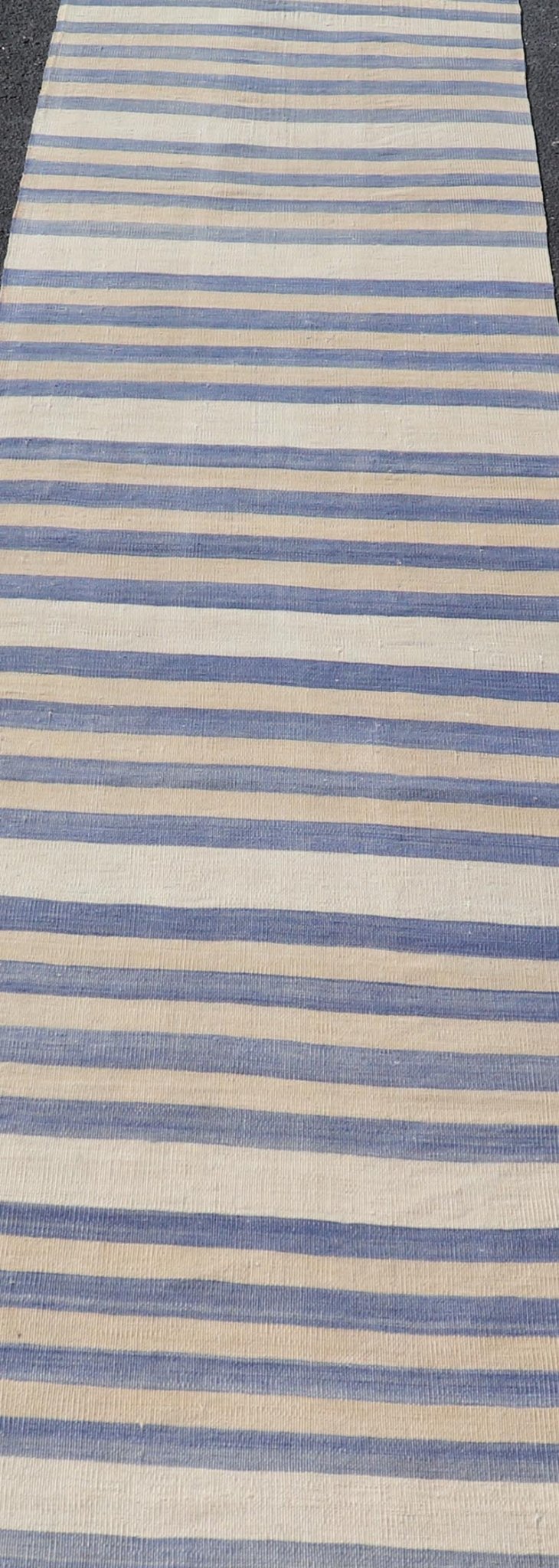 Vintage Turkish Kilim Runner with Soft Blue and Cream Stripes - Keivan Woven ArtsEN - 13929Rug
