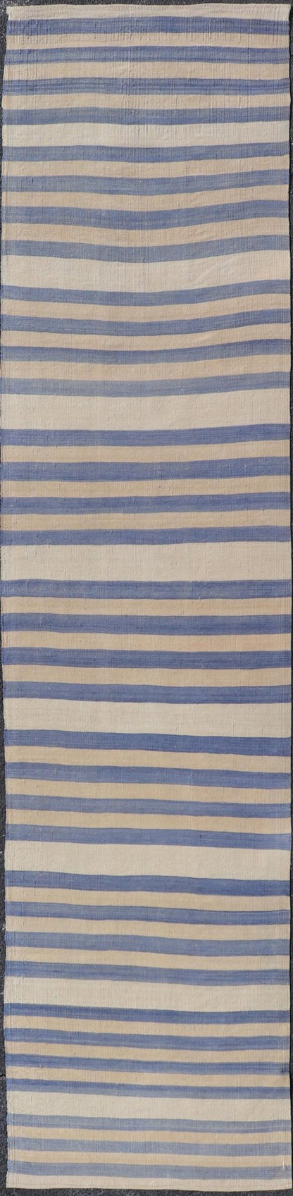 Vintage Turkish Kilim Runner with Soft Blue and Cream Stripes - Keivan Woven ArtsEN - 13929Rug