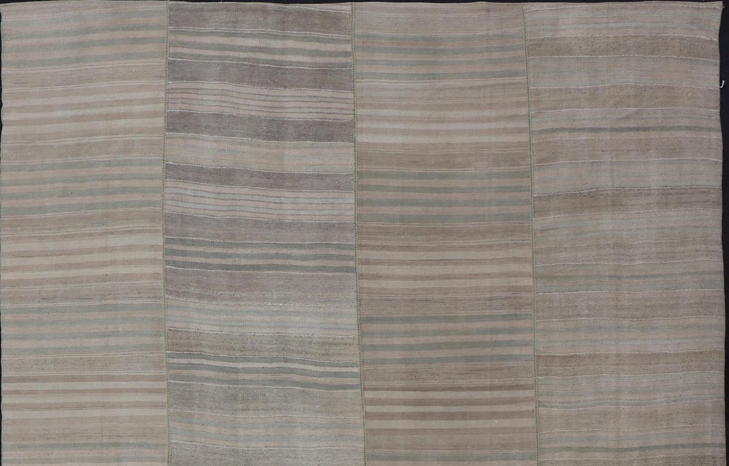 Measures: 9'6 x 11'7 Large Vintage Turkish Paneled Kilim Rug with Stripes of Muted Colors. Keivan Woven Arts / Rug EN - 13935, country of origin / type: Turkey / Kilim, circa 1950 Woven during the early - 20th century in Turkey, this Kilim is dec... - Keivan Woven ArtsEN - 13935 - 21745Rug