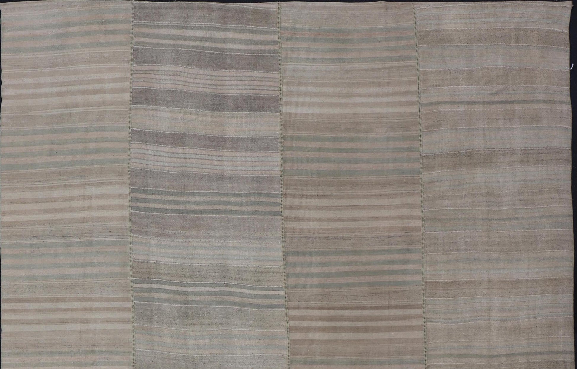 Measures: 9'6 x 11'7 Large Vintage Turkish Paneled Kilim Rug with Stripes of Muted Colors. Keivan Woven Arts / Rug EN - 13935, country of origin / type: Turkey / Kilim, circa 1950 Woven during the early - 20th century in Turkey, this Kilim is dec... - Keivan Woven ArtsEN - 13935 - 21745Rug