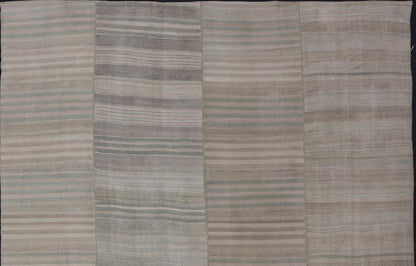 Measures: 9'6 x 11'7 Large Vintage Turkish Paneled Kilim Rug with Stripes of Muted Colors. Keivan Woven Arts / Rug EN - 13935, country of origin / type: Turkey / Kilim, circa 1950 Woven during the early - 20th century in Turkey, this Kilim is dec... - Keivan Woven ArtsEN - 13935 - 21745Rug