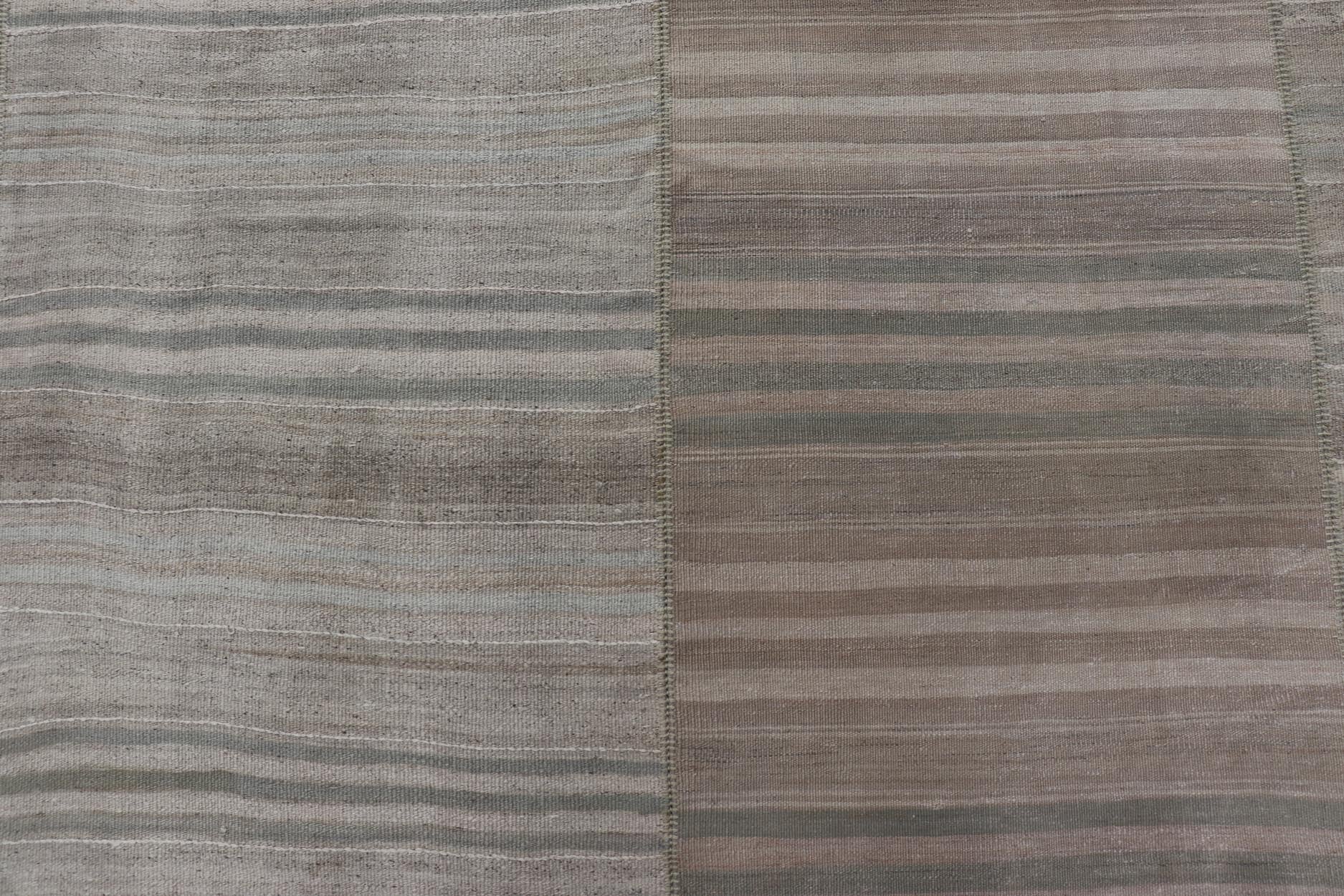 Measures: 9'6 x 11'7 Large Vintage Turkish Paneled Kilim Rug with Stripes of Muted Colors. Keivan Woven Arts / Rug EN - 13935, country of origin / type: Turkey / Kilim, circa 1950 Woven during the early - 20th century in Turkey, this Kilim is dec... - Keivan Woven ArtsEN - 13935 - 21745Rug