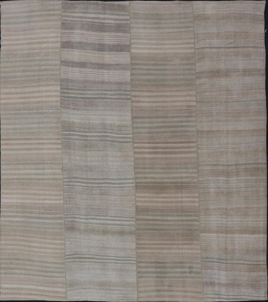 Measures: 9'6 x 11'7 Large Vintage Turkish Paneled Kilim Rug with Stripes of Muted Colors. Keivan Woven Arts / Rug EN - 13935, country of origin / type: Turkey / Kilim, circa 1950 Woven during the early - 20th century in Turkey, this Kilim is dec... - Keivan Woven ArtsEN - 13935 - 21745