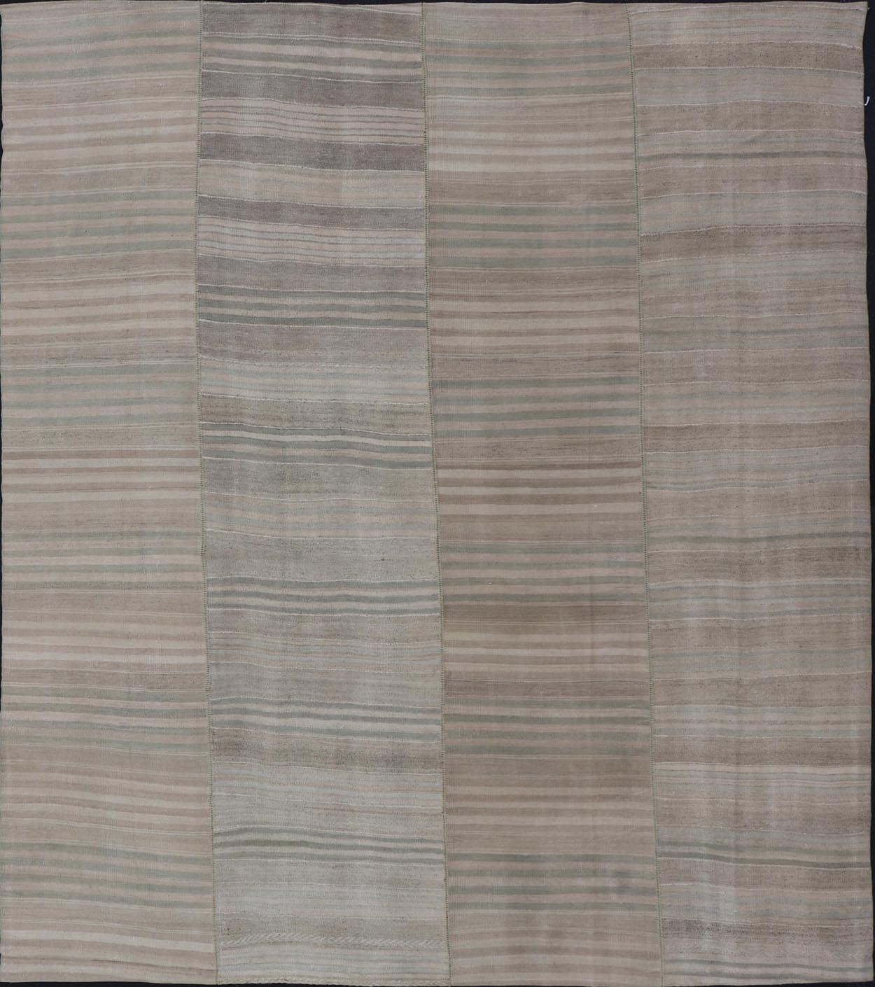 Measures: 9'6 x 11'7 Large Vintage Turkish Paneled Kilim Rug with Stripes of Muted Colors. Keivan Woven Arts / Rug EN - 13935, country of origin / type: Turkey / Kilim, circa 1950 Woven during the early - 20th century in Turkey, this Kilim is dec... - Keivan Woven ArtsEN - 13935 - 21745Rug