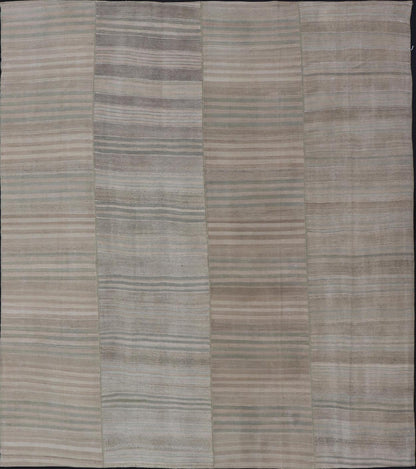 Measures: 9'6 x 11'7 Large Vintage Turkish Paneled Kilim Rug with Stripes of Muted Colors. Keivan Woven Arts / Rug EN - 13935, country of origin / type: Turkey / Kilim, circa 1950 Woven during the early - 20th century in Turkey, this Kilim is dec... - Keivan Woven ArtsEN - 13935 - 21745Rug