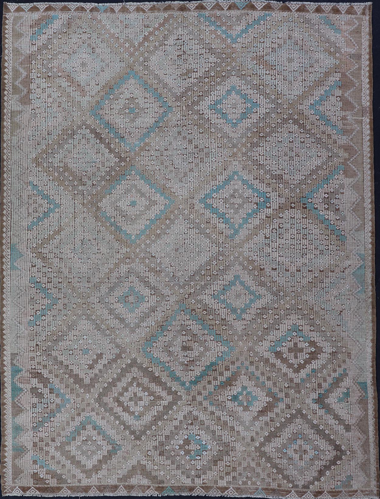 Vintage Hand Woven Turkish Embroidered Flat - Weave Rug with Geometric Design Vintage Turkish Embroidered Flat - Weave Rug with Neutral - Toned Geometric Design. Keivan Woven Arts - Geometric design vintage Kilim rug from Turkey rug EN - 13939, count... - Keivan Woven ArtsEN - 13939 - 15731