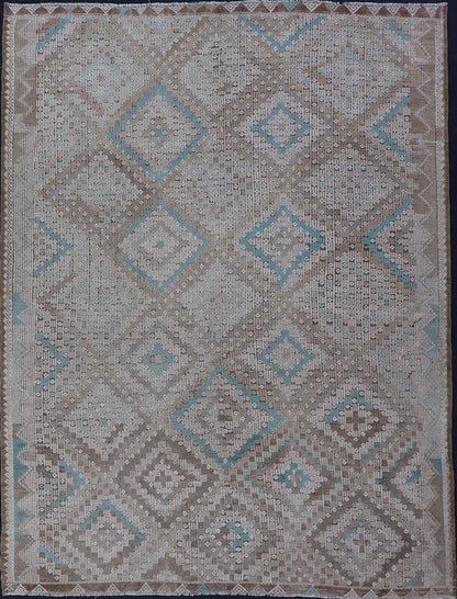 Vintage Hand Woven Turkish Embroidered Flat - Weave Rug with Geometric Design Vintage Turkish Embroidered Flat - Weave Rug with Neutral - Toned Geometric Design. Keivan Woven Arts - Geometric design vintage Kilim rug from Turkey rug EN - 13939, count... - Keivan Woven ArtsEN - 13939 - 15731Rug
