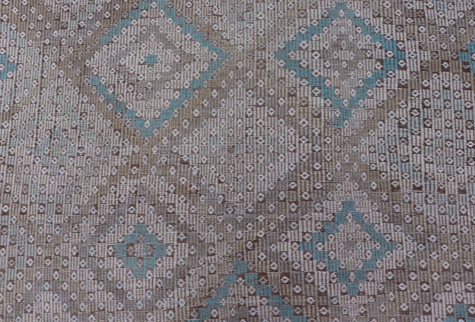 Vintage Hand Woven Turkish Embroidered Flat - Weave Rug with Geometric Design Vintage Turkish Embroidered Flat - Weave Rug with Neutral - Toned Geometric Design. Keivan Woven Arts - Geometric design vintage Kilim rug from Turkey rug EN - 13939, count... - Keivan Woven ArtsEN - 13939 - 15731