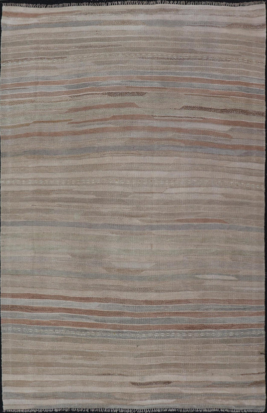 Minimalist Striped Design Vintage Turkish Kilim with Neutral Tones Measures 3'9 x 6'0 This wonderful piece features easy colors and a simple design. The palette consists of muted reds and blues, accenting the camel, fawn, and cocoa mass. ... - Keivan Woven ArtsEN - 13942 - 18926