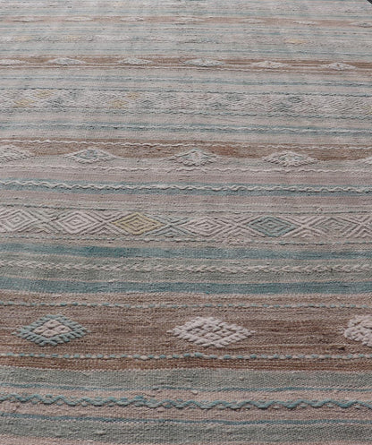 Striped Turkish Hand Woven Flat - Weave Kilim in Muted Colors and Tribal Motifs Turkish Kilim vintage carpet in light taupe, seafoam greenish color, light brown, and cream, Keivan Woven Arts / rug EN - 13956, country of origin / type: Turkey / Ki... - Keivan Woven ArtsEN - 13956 - 18848Rug