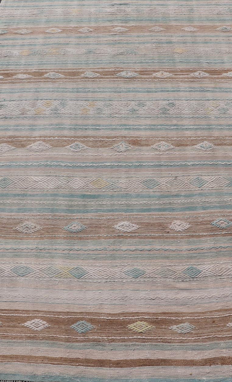 Striped Turkish Hand Woven Flat - Weave Kilim in Muted Colors and Tribal Motifs Turkish Kilim vintage carpet in light taupe, seafoam greenish color, light brown, and cream, Keivan Woven Arts / rug EN - 13956, country of origin / type: Turkey / Ki... - Keivan Woven ArtsEN - 13956 - 18848Rug