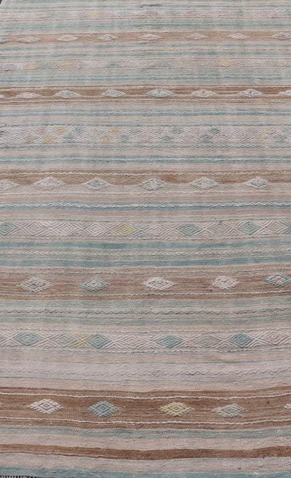 Striped Turkish Hand Woven Flat - Weave Kilim in Muted Colors and Tribal Motifs Turkish Kilim vintage carpet in light taupe, seafoam greenish color, light brown, and cream, Keivan Woven Arts / rug EN - 13956, country of origin / type: Turkey / Ki... - Keivan Woven ArtsEN - 13956 - 18848Rug