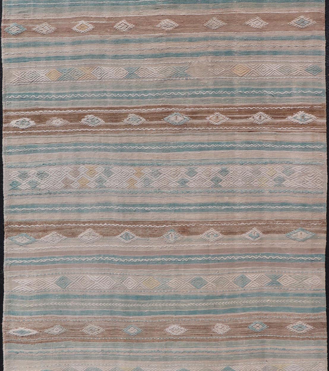 Striped Turkish Hand Woven Flat - Weave Kilim in Muted Colors and Tribal Motifs Turkish Kilim vintage carpet in light taupe, seafoam greenish color, light brown, and cream, Keivan Woven Arts / rug EN - 13956, country of origin / type: Turkey / Ki... - Keivan Woven ArtsEN - 13956 - 18848Rug